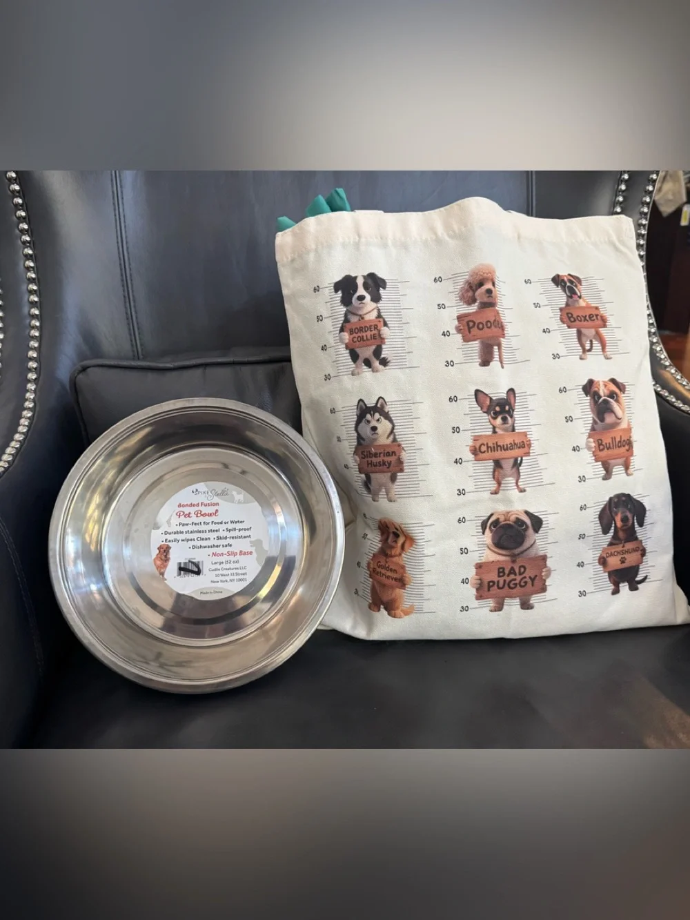 Dog 🐶  Tote Bag & Stainless Steel Pet Bowl – Silver